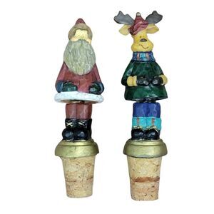 VTG 2000s Christmas Wine Bottle Stoppers Set 2 Pc Santa Reindeer Bobblehead Gift